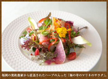 福岡の契約農家から直送されたハーブの入った「海の幸のマリネのサラダ」。